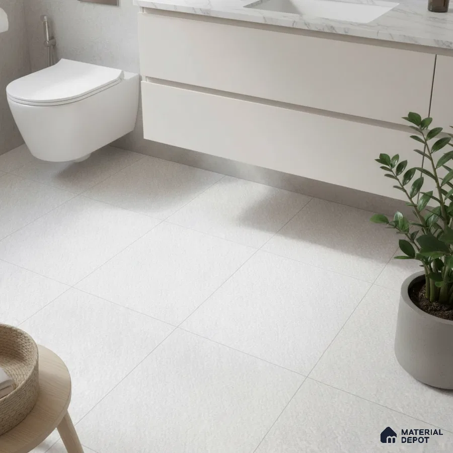 Minimalist bathroom with matte white floor tiles and floating white vanity