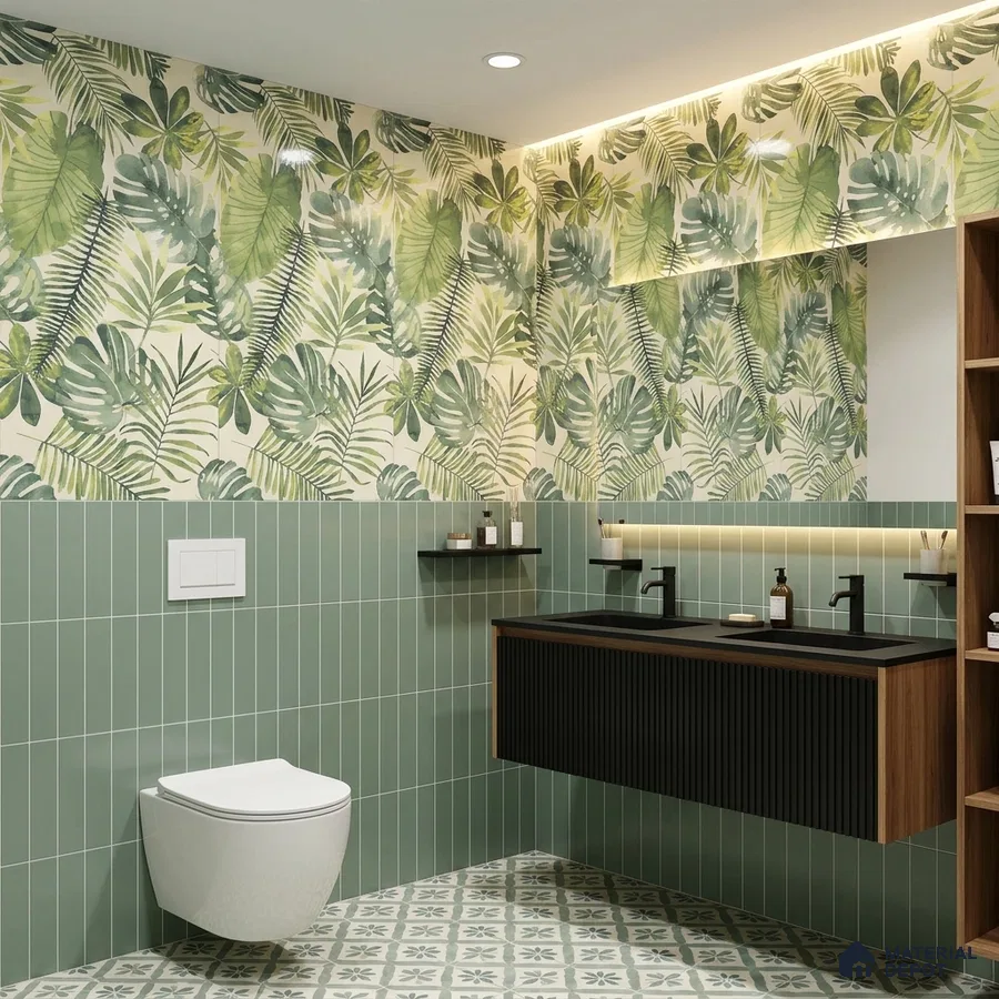Modern bathroom with tropical leaf highlighter wall tiles, sage green subway wall tiles, and patterned floor tiles