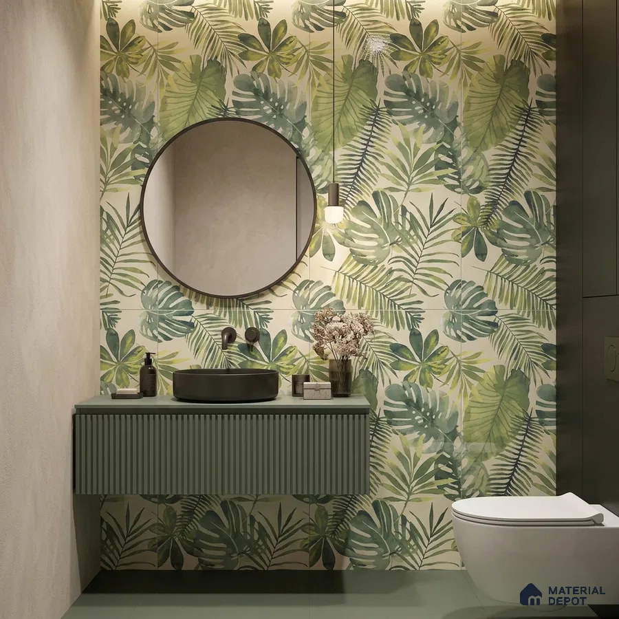 Modern bathroom with tropical leaf highlighter wall tile and sage green fluted vanity