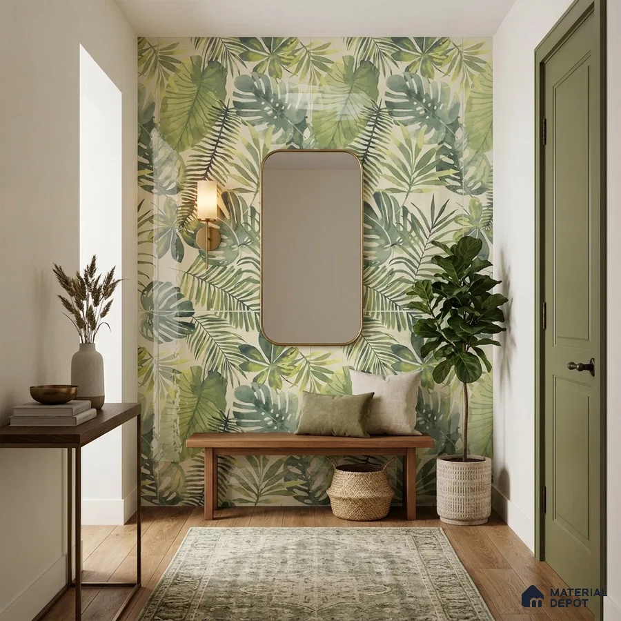 Scandinavian foyer with tropical tile, oak wood bench, and light wood flooring