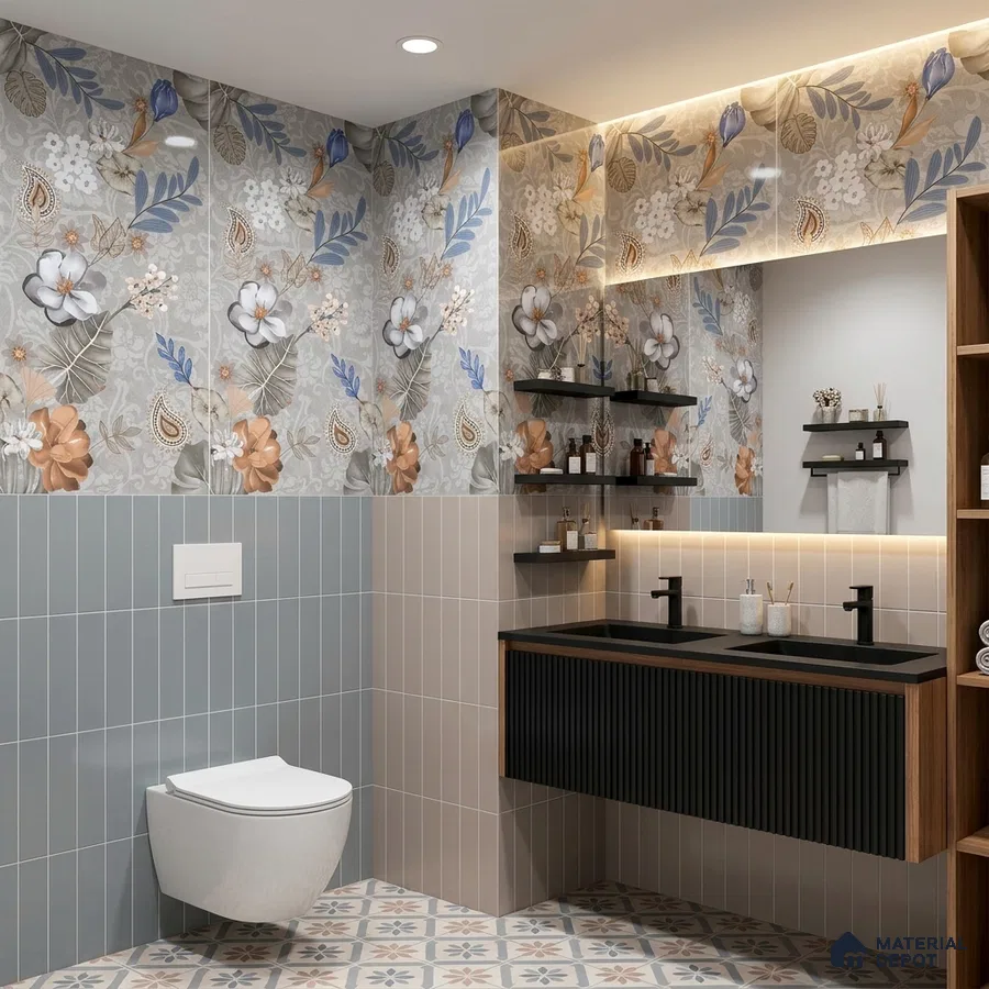 Modern bathroom with floral highlighter wall tiles, pastel vertical subway wall tiles, and patterned floor tiles