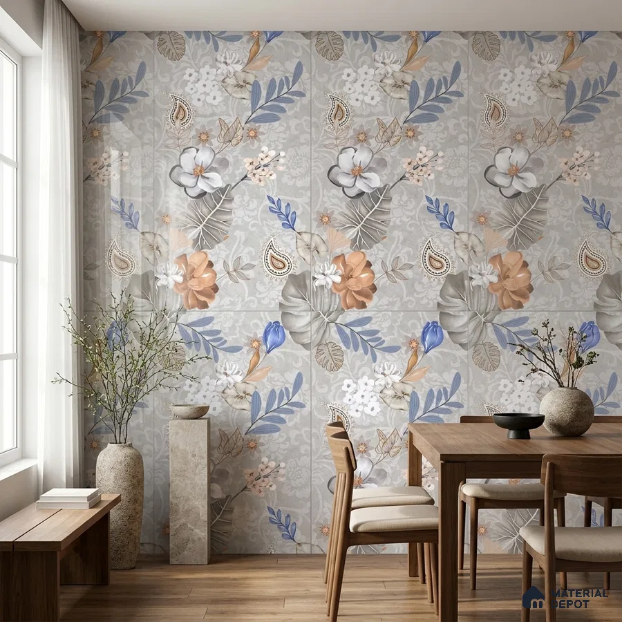 Scandinavian dining room with floral patterned tile and natural wood furniture