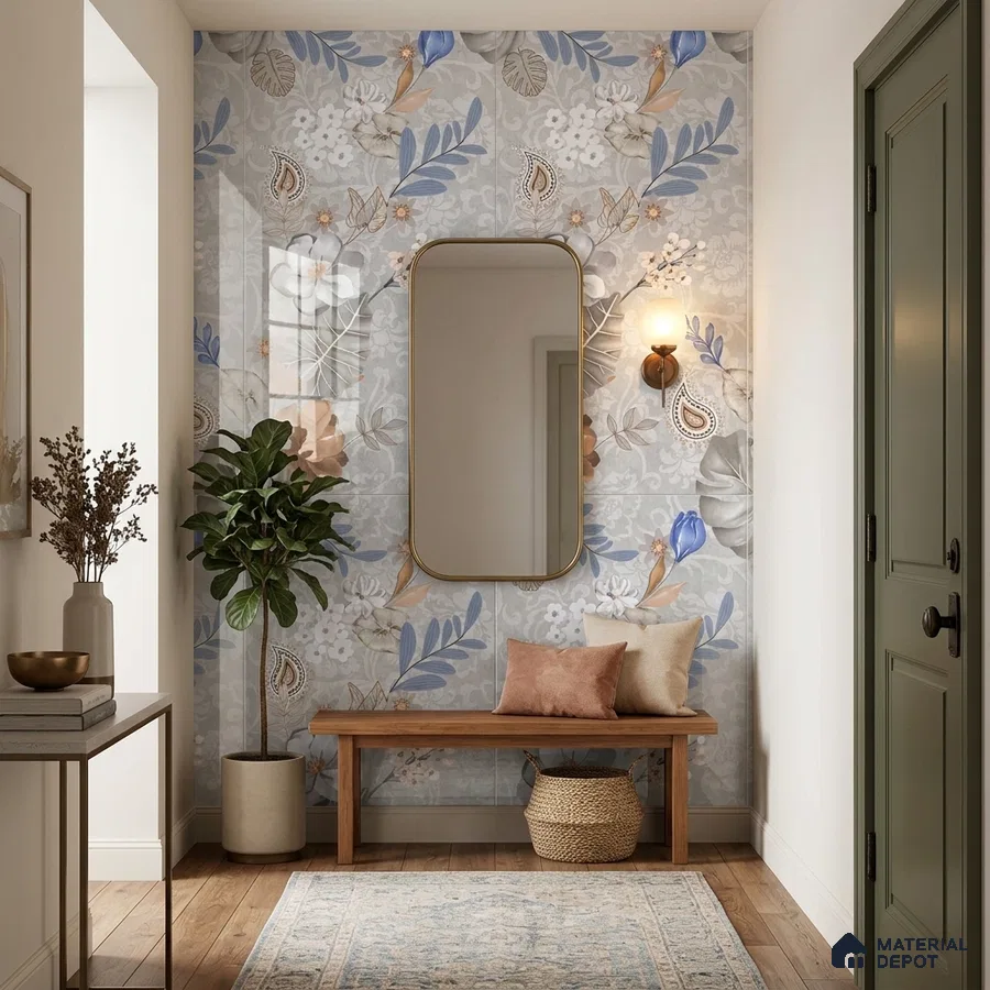 Modern foyer with floral patterned tile and natural wood bench