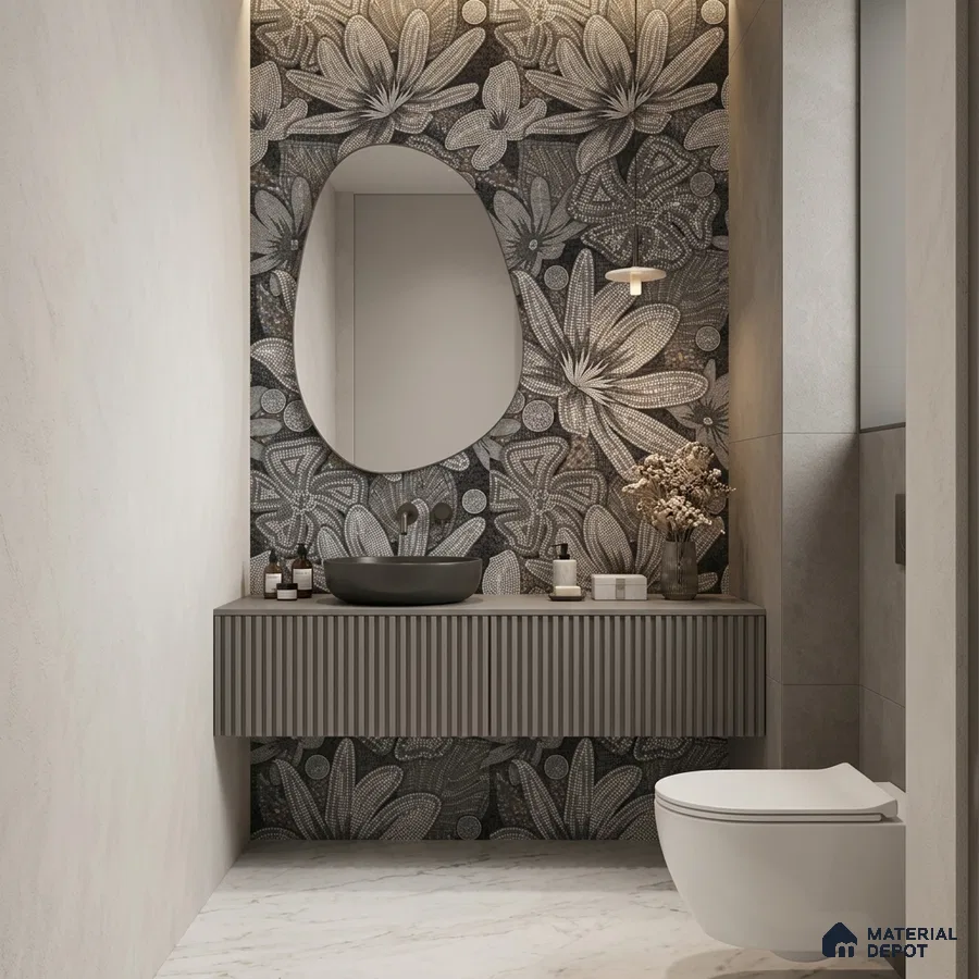 Modern bathroom with floral patterned mosaic wall tile, fluted grey vanity, and white marble floor tile