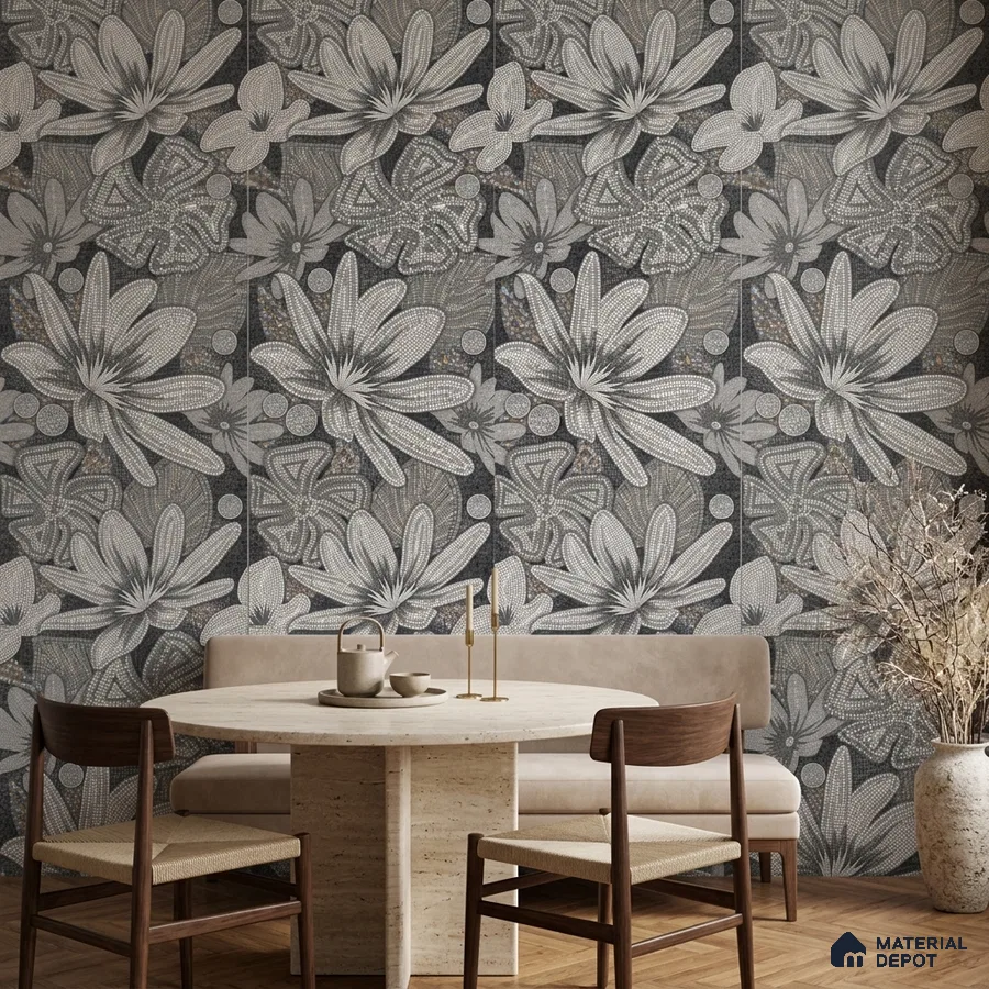 Modern dining room with floral patterned tile and travertine dining table