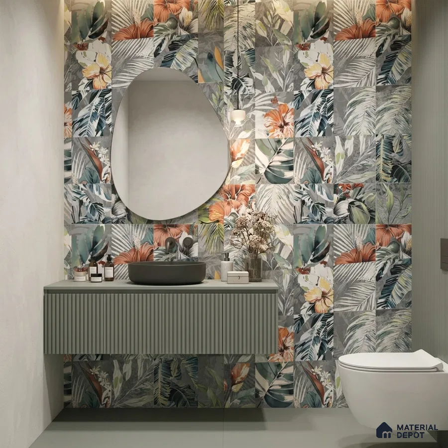 Modern bathroom with tropical floral highlighter wall tiles and sage green fluted vanity