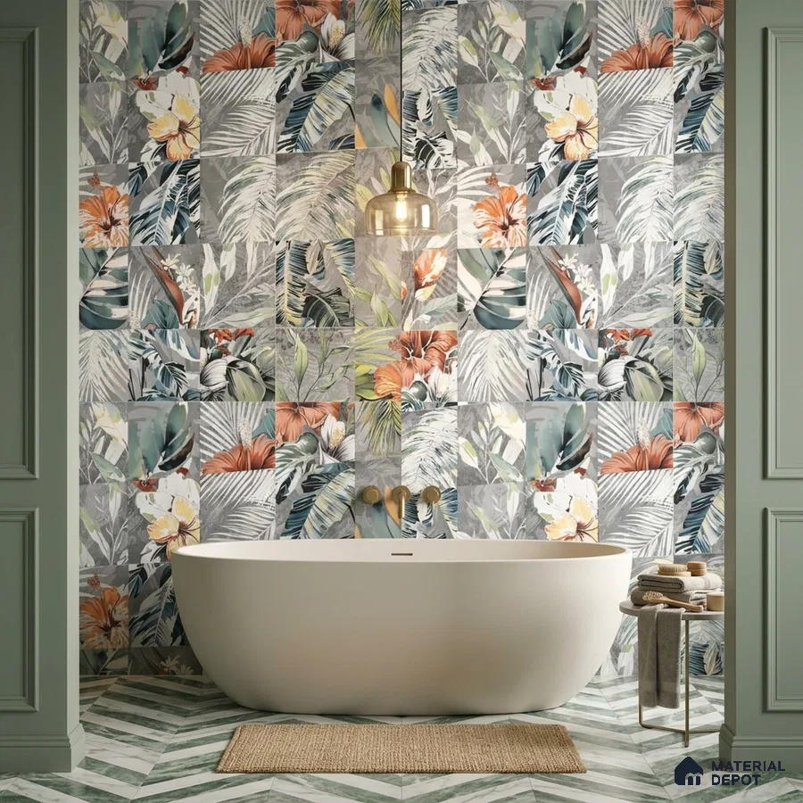 Eclectic bathroom with tropical floral wall tiles and chevron marble floor tiles