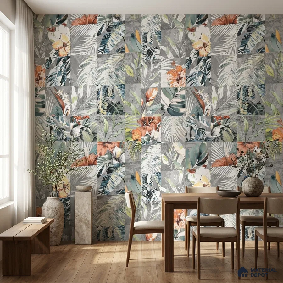 Eclectic dining room with tropical floral tile and natural wood flooring