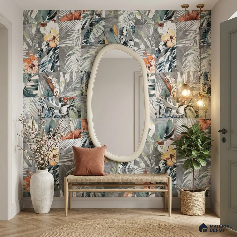 Eclectic foyer with tropical patterned tile and light wood bench
