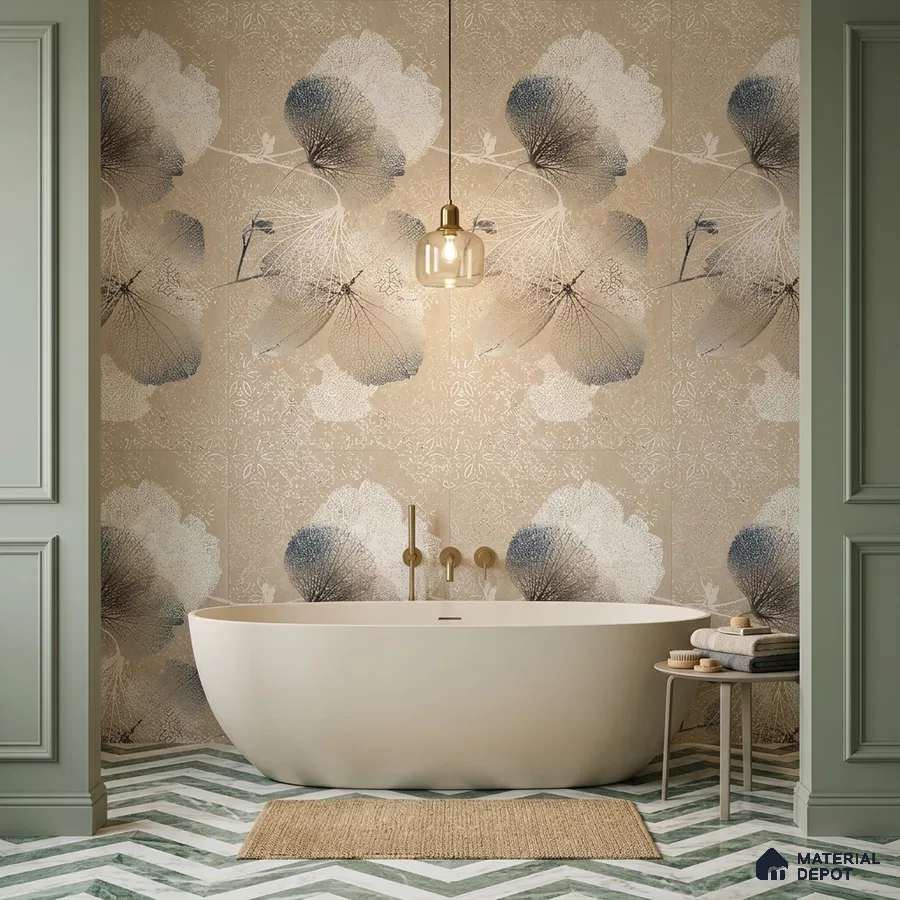 Modern bathroom with floral patterned wall tiles and green chevron floor tiles