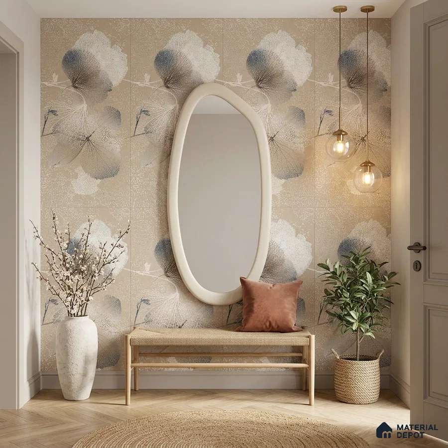 Scandinavian foyer with floral patterned tile, natural wood bench, and herringbone wooden flooring