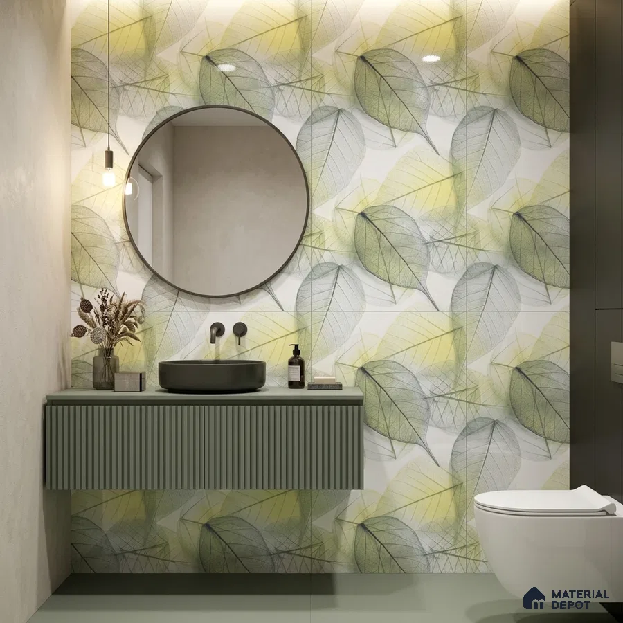 Modern bathroom with leaf-patterned tropical wall tile and sage green fluted vanity