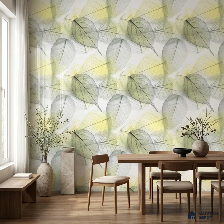 Scandinavian dining room with leaf-patterned tile and natural wood furniture