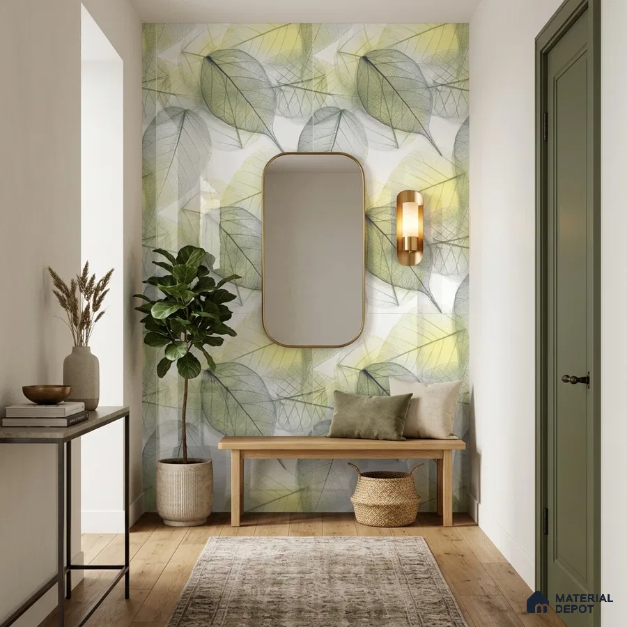 Scandinavian foyer with leaf-patterned tile, light wood bench, and oak wooden flooring