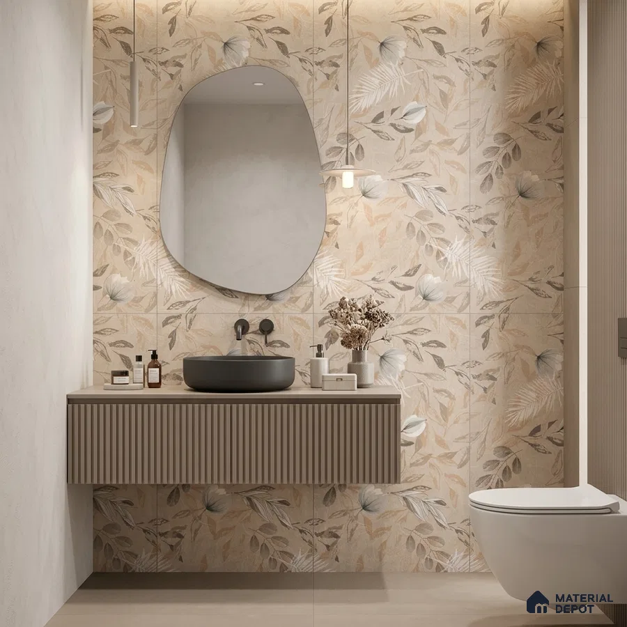 Modern bathroom with beige floral wall tiles, fluted vanity, and matte black basin