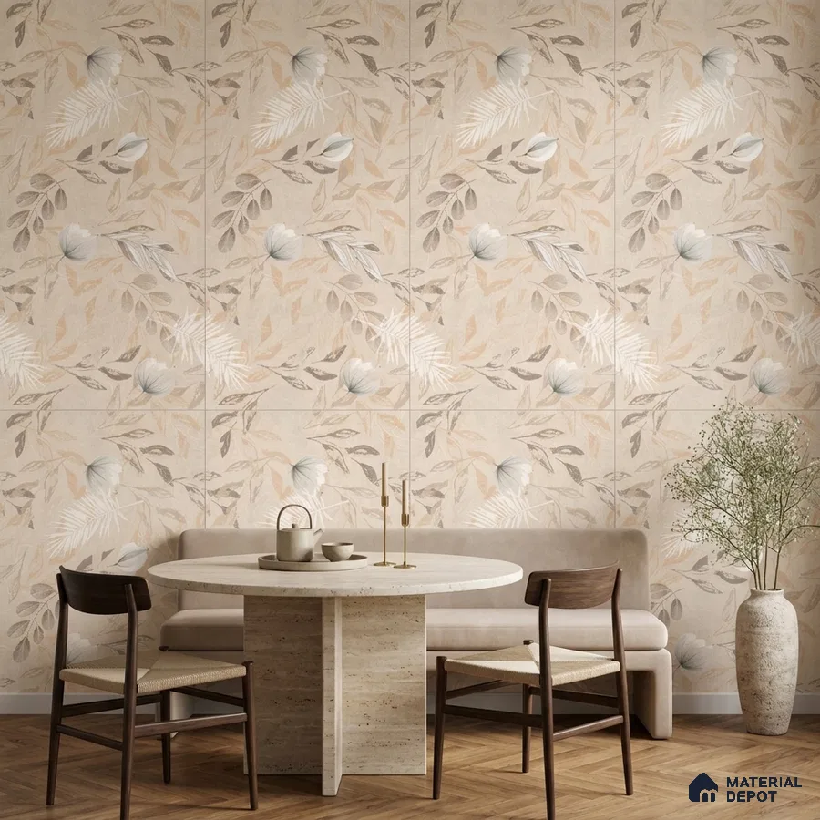 Scandinavian dining room with beige floral tile and travertine dining table