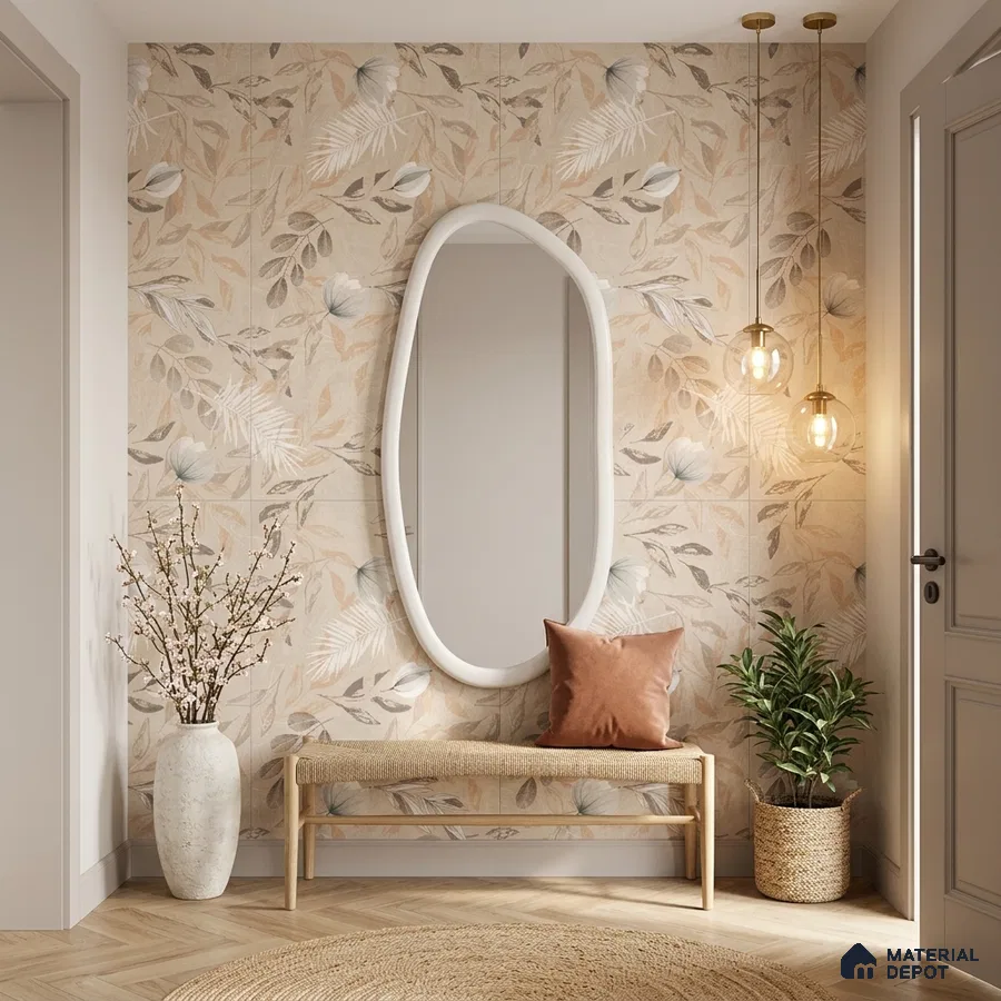 Scandinavian foyer with beige floral tile, natural wood bench, and woven decor accents