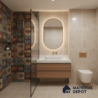Modern bathroom with leaf patterned highlighter wall tiles, beige marble-look tiles, and wood vanity