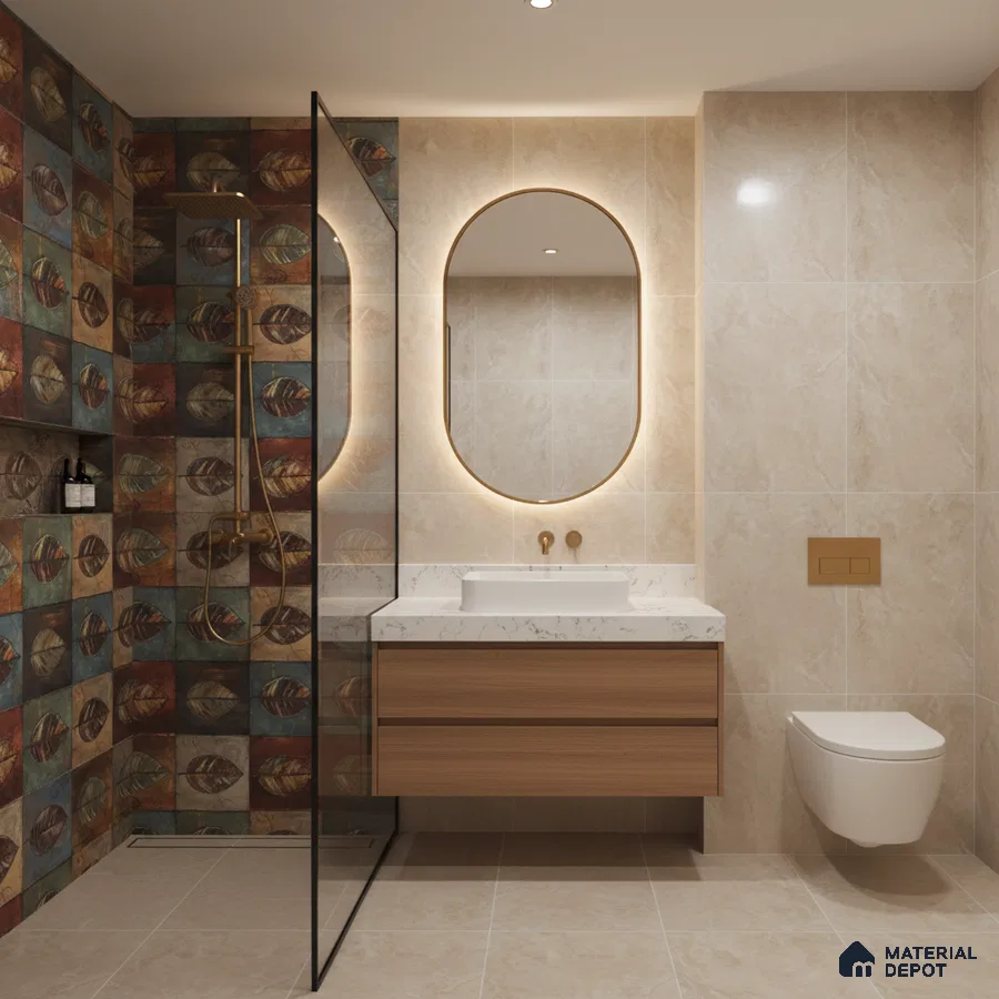 Modern bathroom with leaf patterned highlighter wall tiles, beige marble-look tiles, and wood vanity
