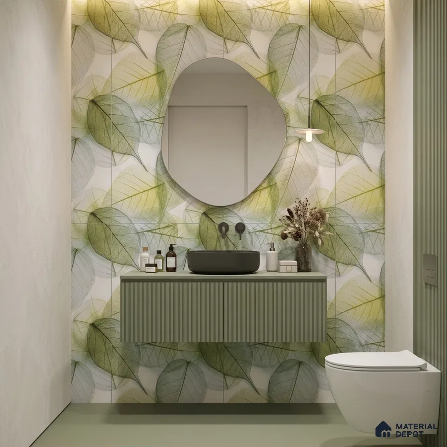 Modern bathroom with green leaf patterned wall tile and sage green fluted vanity