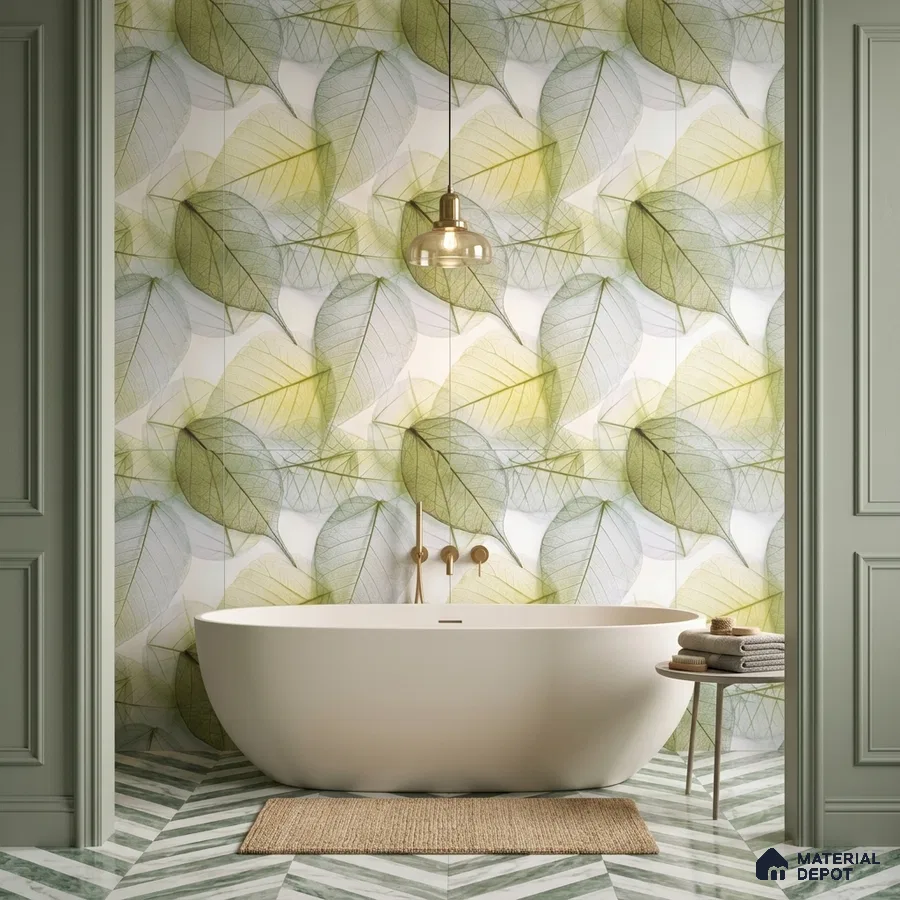 Modern bathroom with green leaf-patterned tropical wall tiles and chevron marble floor tiles