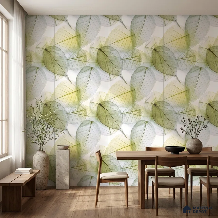 Scandinavian dining room with leaf-patterned tile and natural wood flooring