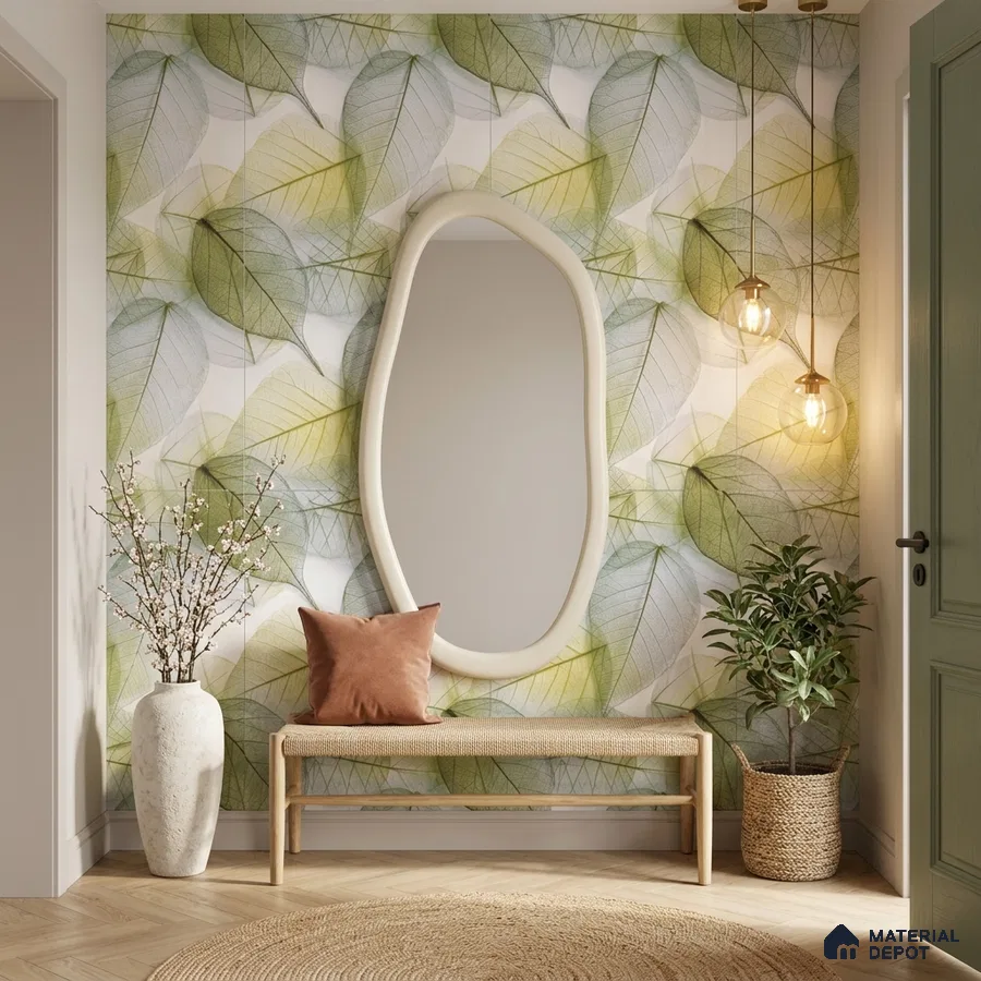 Scandinavian foyer with leaf-patterned tile, natural wood bench, and woven jute rug