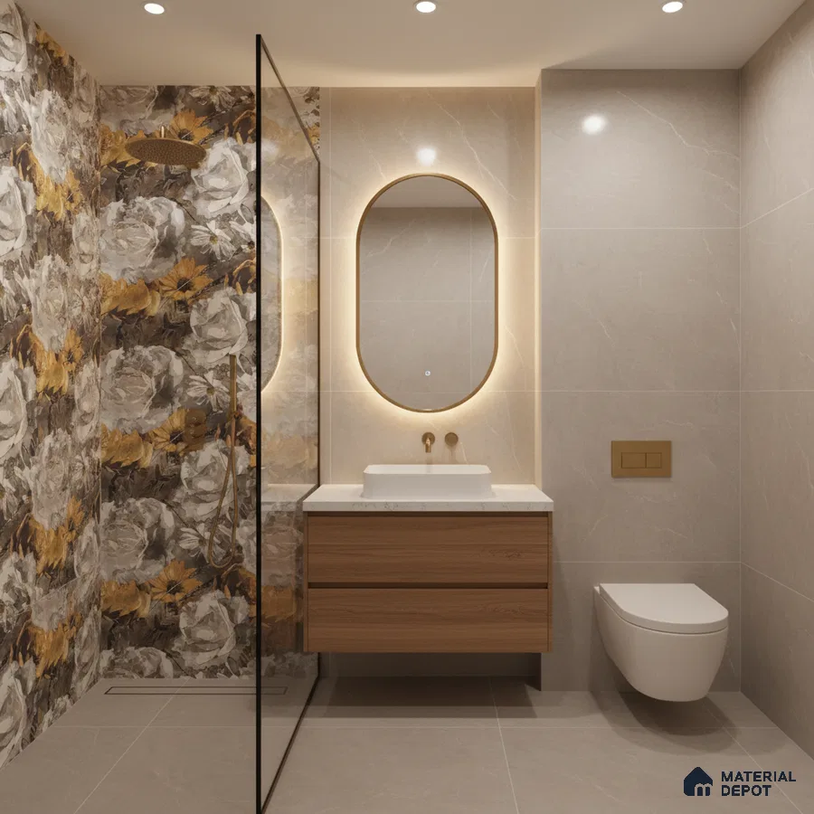 Modern bathroom with floral highlighter wall tile, beige marble-look wall tile, and wooden vanity