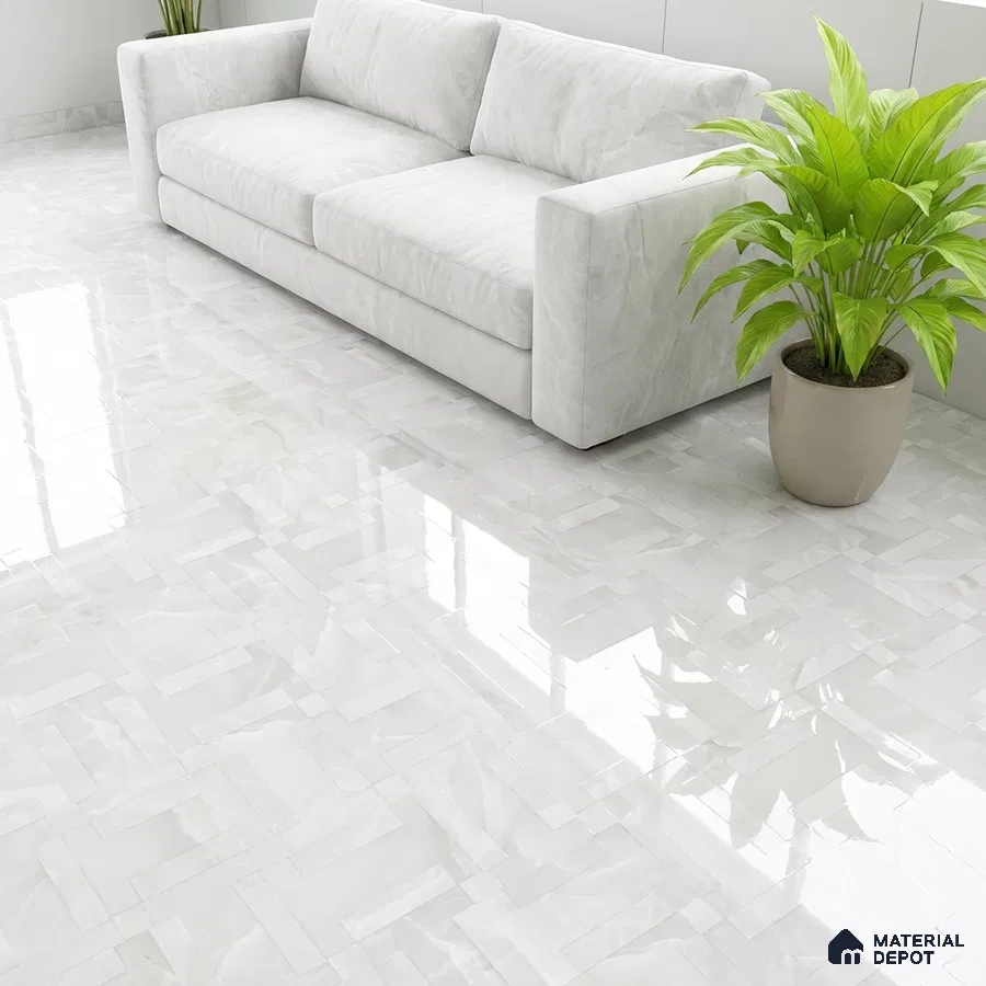 Minimalist living room with glossy white marble-look floor tiles and white fabric sofa