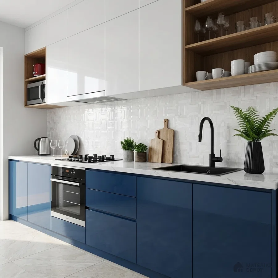 Modern kitchen with blue and white high gloss laminate, white quartz countertop, and geometric white backsplash tile