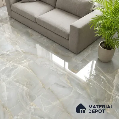 Modern living room with glossy white marble-look floor tiles and neutral sofa
