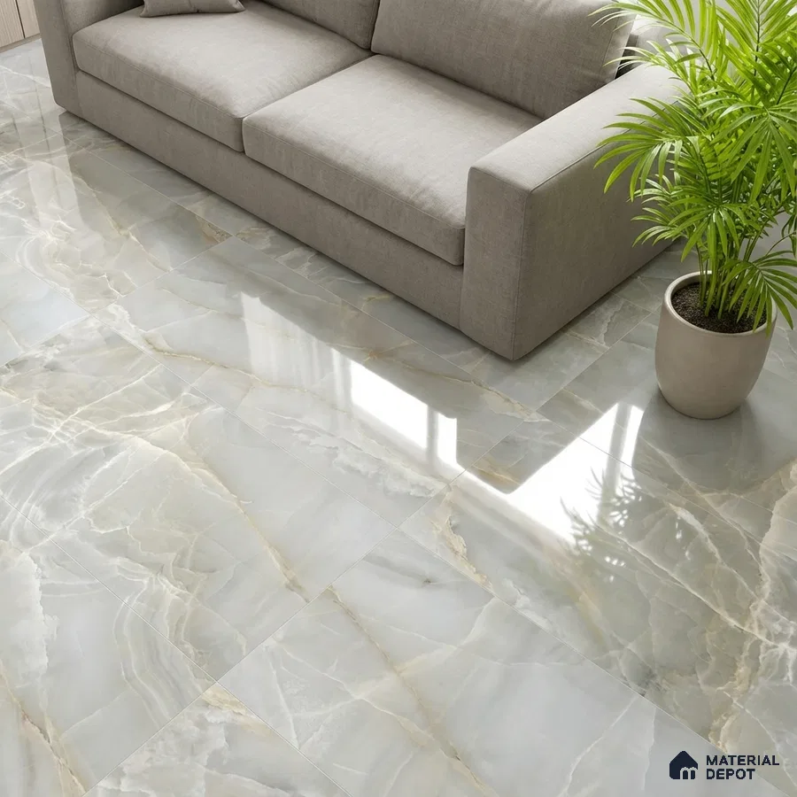 Modern living room with glossy white marble-look floor tiles and neutral sofa