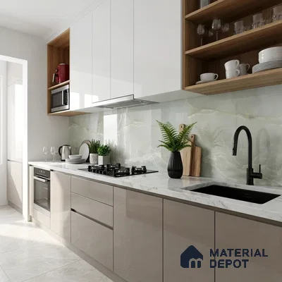 Modern kitchen with glossy beige and white laminate, marble-look backsplash tile, and white quartz countertop