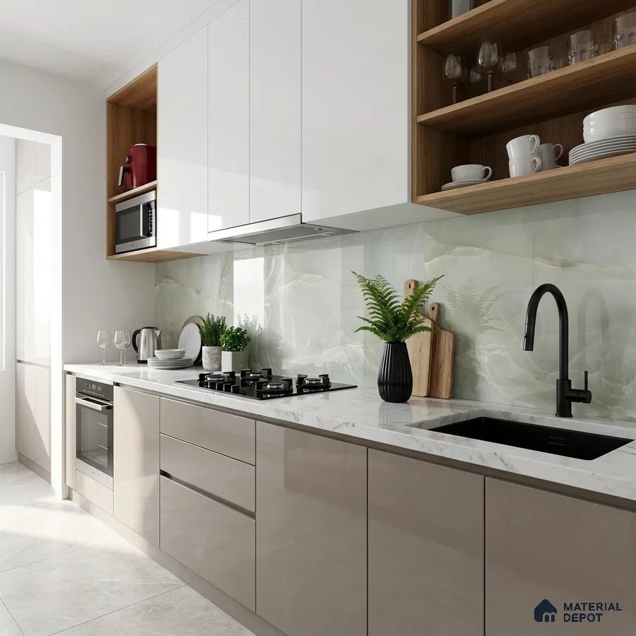 Modern kitchen with glossy beige and white laminate, marble-look backsplash tile, and white quartz countertop