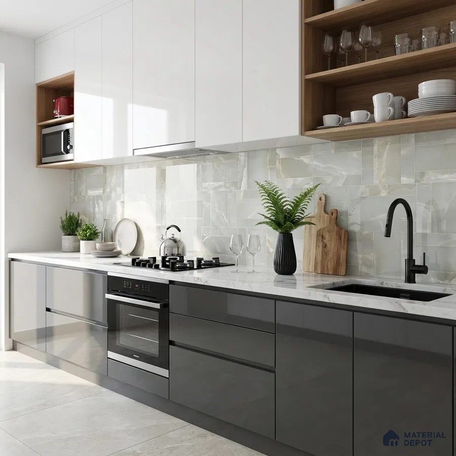Modern kitchen with glossy grey and white laminate, marble-look backsplash tile, and white quartz countertop