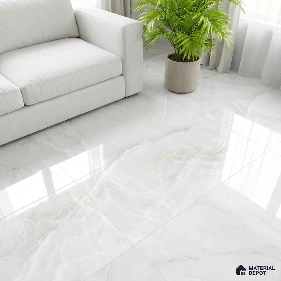 Modern living room with glossy white marble-look floor tiles and light fabric sofa