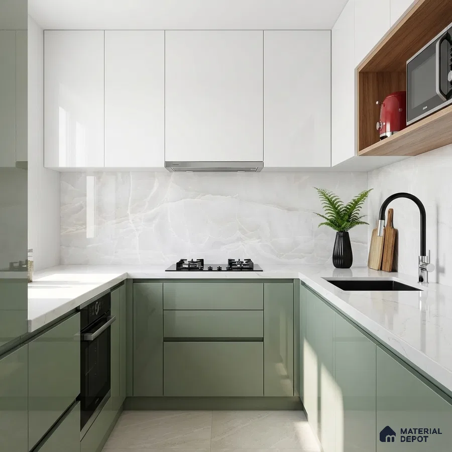 Modern U-shaped kitchen with sage green and white high gloss laminate, white marble-look backsplash, and quartz countertop