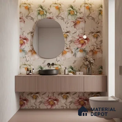 Modern bathroom with floral patterned wall tiles and fluted pastel vanity