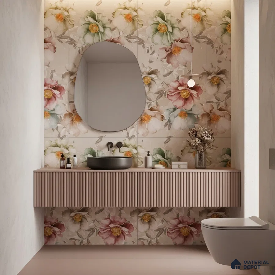 Modern bathroom with floral patterned wall tiles and fluted pastel vanity