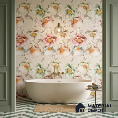 Modern bathroom with floral highlighter wall tiles and green chevron marble floor tiles