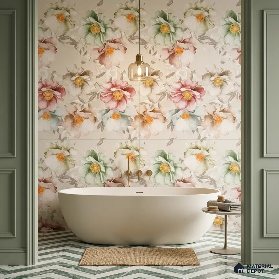 Modern bathroom with floral highlighter wall tiles and green chevron marble floor tiles