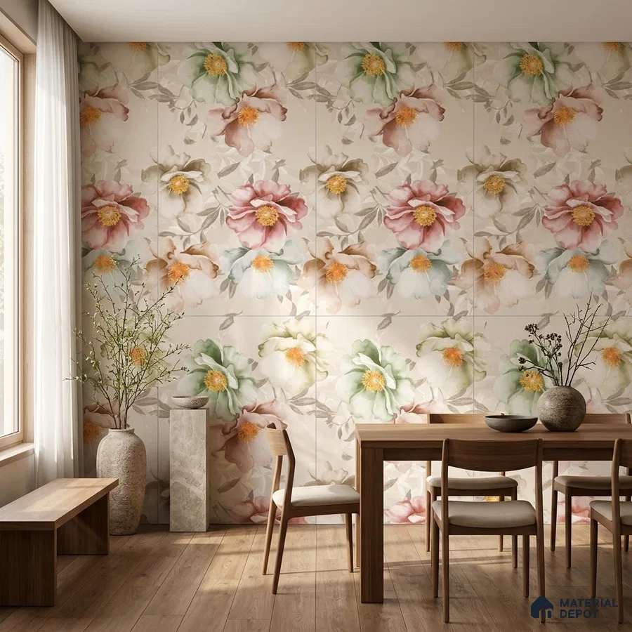 Scandinavian dining room with floral tile and natural wood flooring