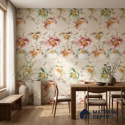 Scandinavian dining room with floral tile and natural wood flooring