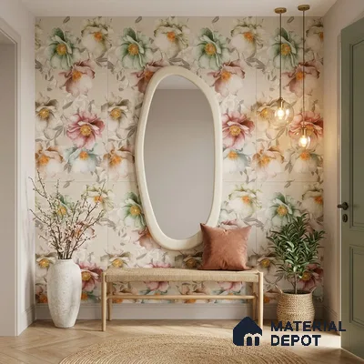Eclectic foyer with floral tile, rattan bench, and herringbone wooden flooring