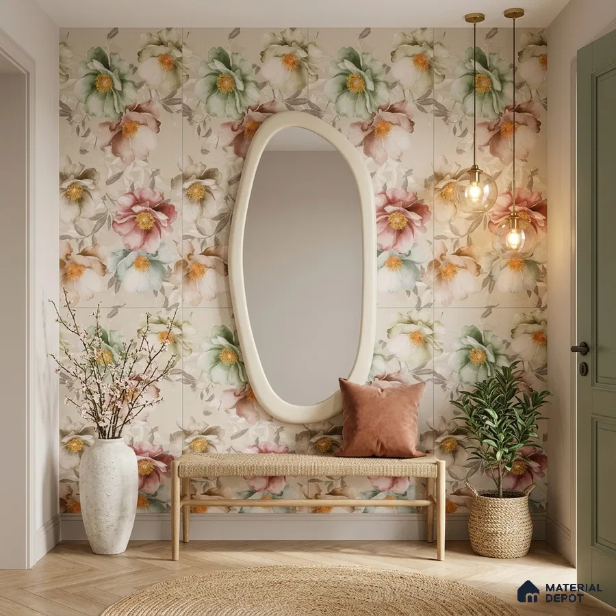 Eclectic foyer with floral tile, rattan bench, and herringbone wooden flooring