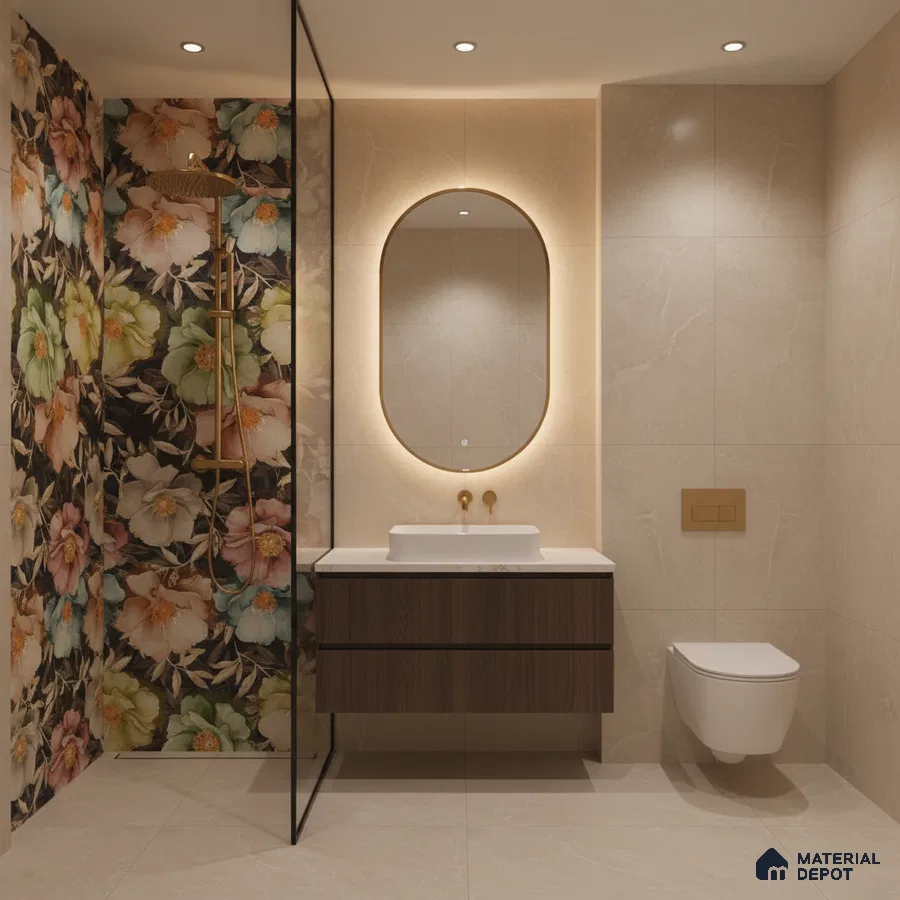 Modern bathroom with floral highlighter wall tiles, beige marble-look tiles, and floating wood vanity