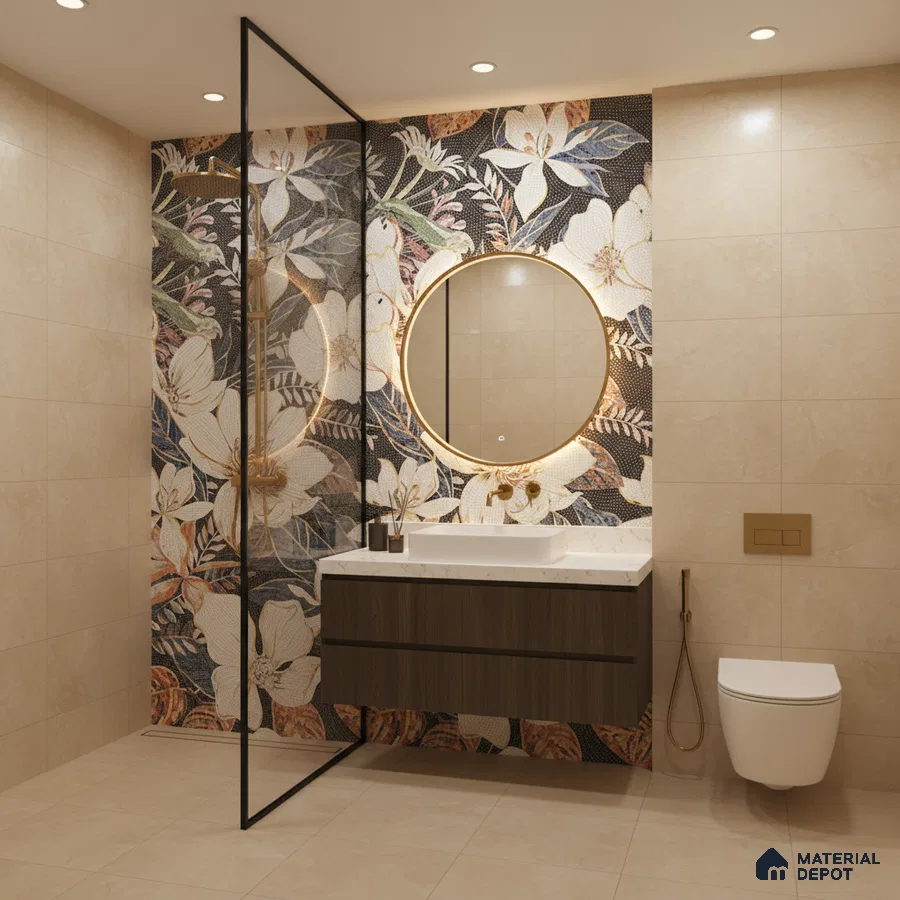 Modern bathroom with floral mosaic highlighter wall tile, beige marble-look wall tiles, and floating wood vanity