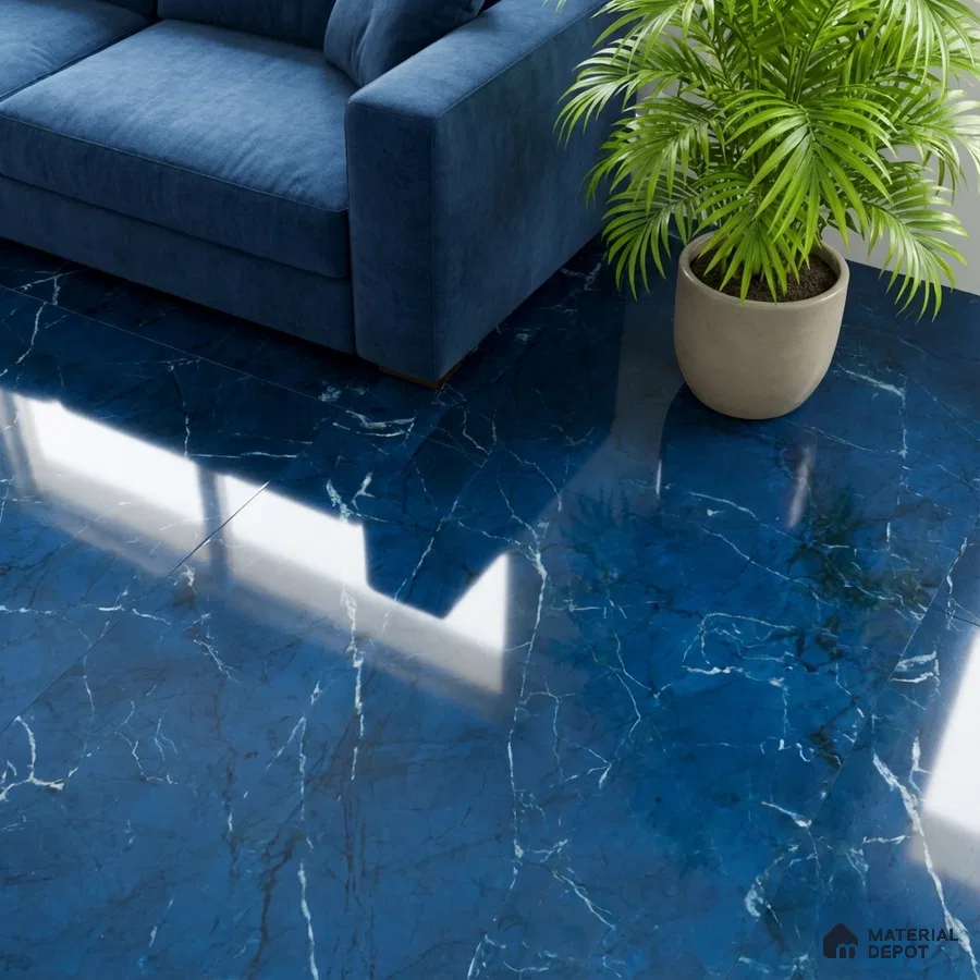 Modern living room with blue marble floor tiles and velvet blue sofa