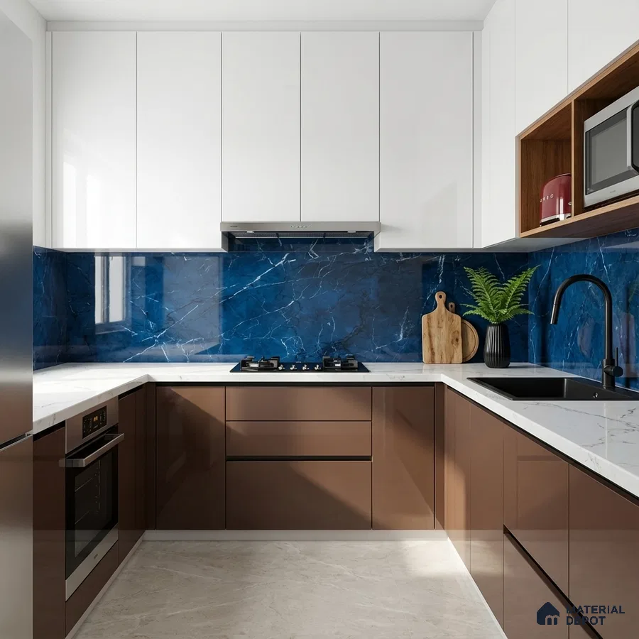 Modern kitchen with blue marble-look backsplash, glossy brown laminate cabinets, and white quartz countertop