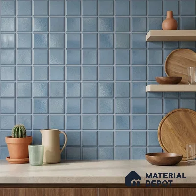 Modern Kitchen with Denim Blue Beveled Square Backsplash Tile and Walnut Cabinets